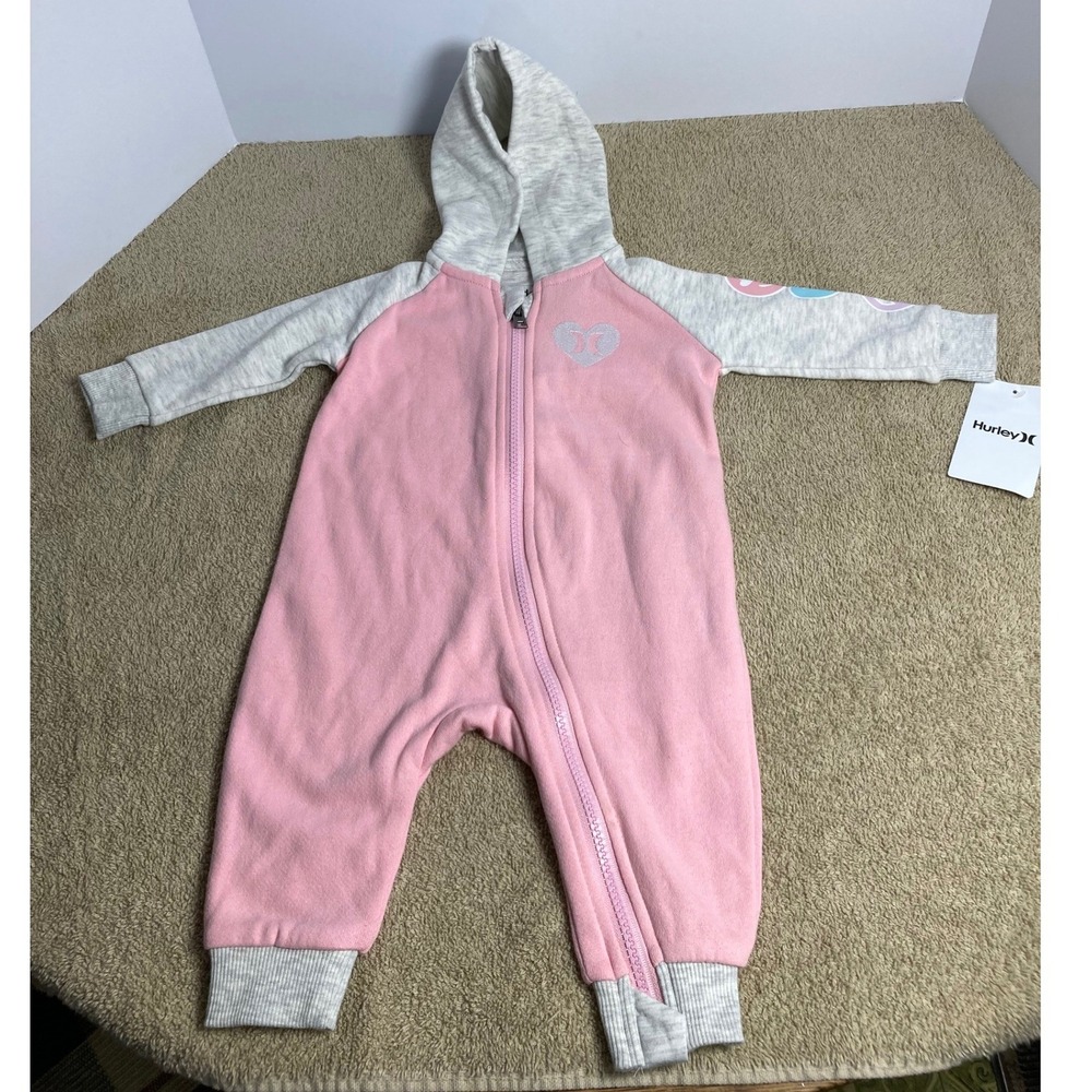 Hurley Baby Girls Pink Heather Grey Hooded Fleece Coverall Zip Up 6M New